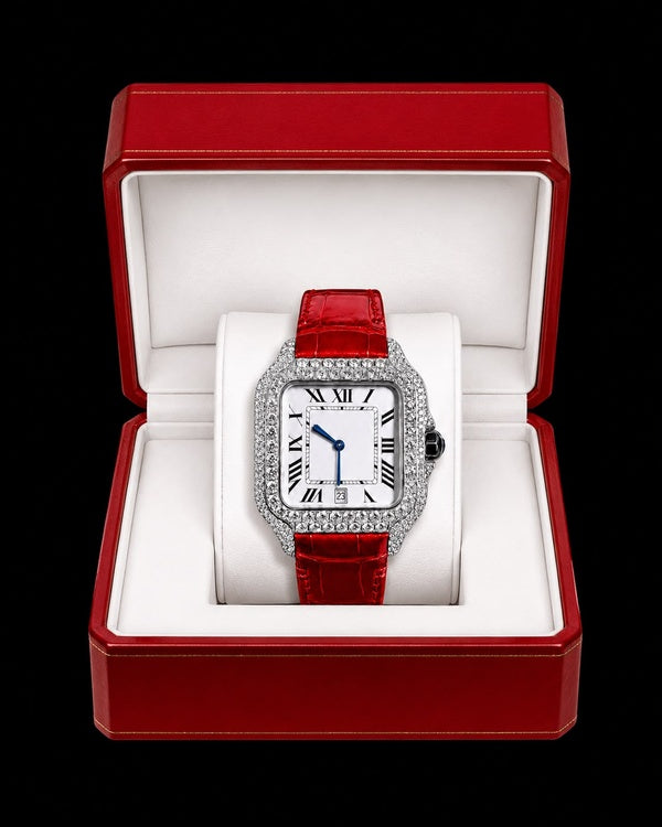 41MM Red Crocodile Strap Iced-Out Moissanite Watch