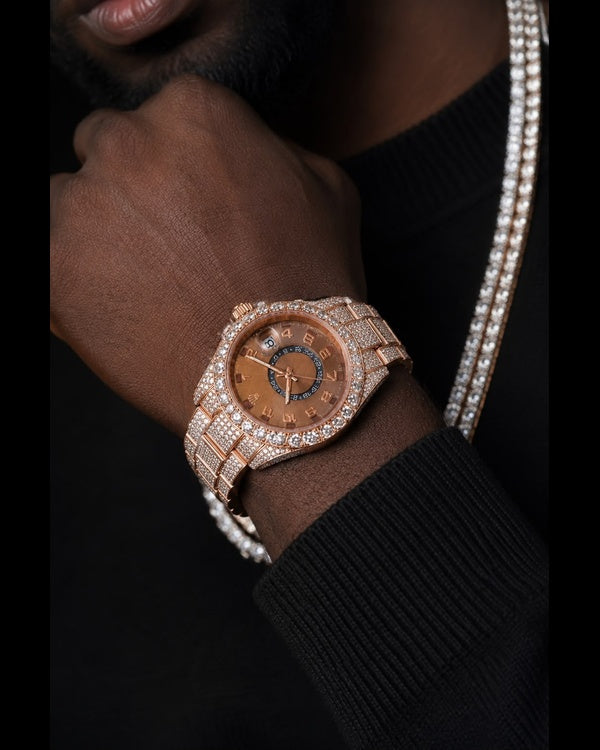 Rose Gold Iced-Out Luxury Watch | Brown Dial & Full Iced Bracelet