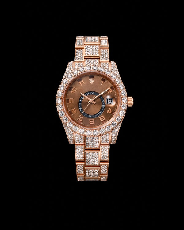 Rose Gold Iced-Out Luxury Watch | Brown Dial & Full Iced Bracelet