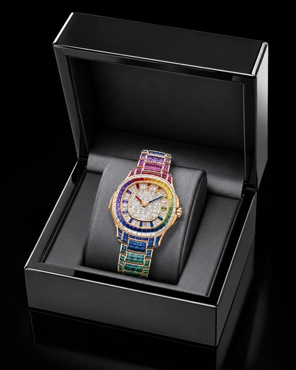 Rainbow Baguette Iced-Out Luxury Watch | Rose Gold-Tone Edition