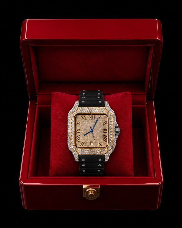 Two-Tone VVS Moissanite Iced-Out Square Watch | Black Rubber Strap