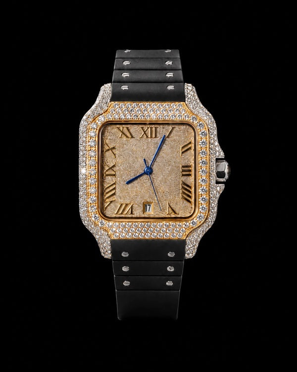 Two-Tone VVS Moissanite Iced-Out Square Watch | Black Rubber Strap