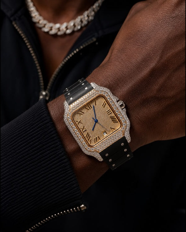 Two-Tone VVS Moissanite Iced-Out Square Watch | Black Rubber Strap