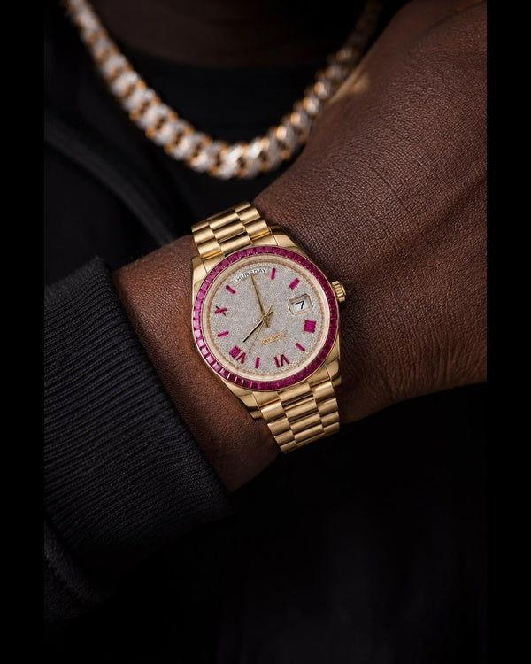 Gold & Ruby Baguette Day-Date Luxury Watch | Diamond-Set Dial