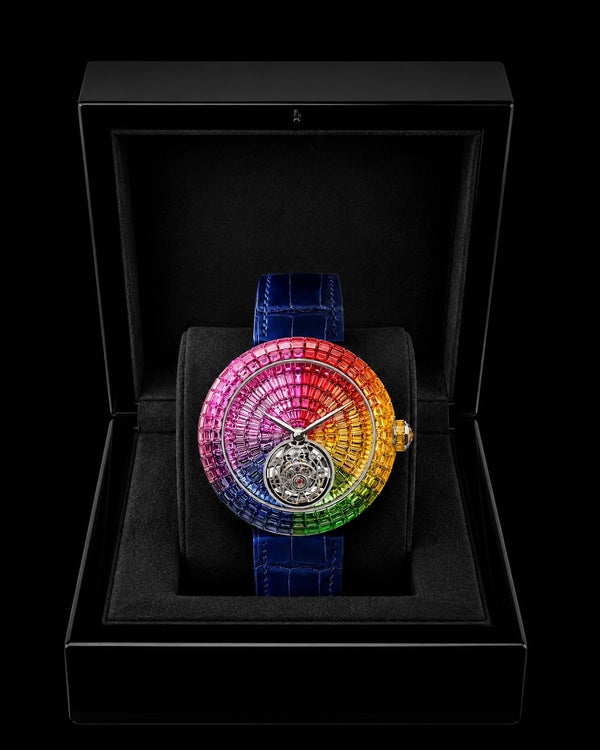 Rainbow Baguette Tourbillon-Style Luxury Watch | Blue Leather Strap