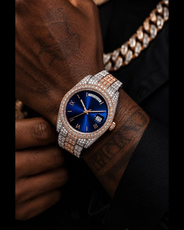 Men’s Fully Iced-Out Skeleton Timepiece – Dual-Tone Finish