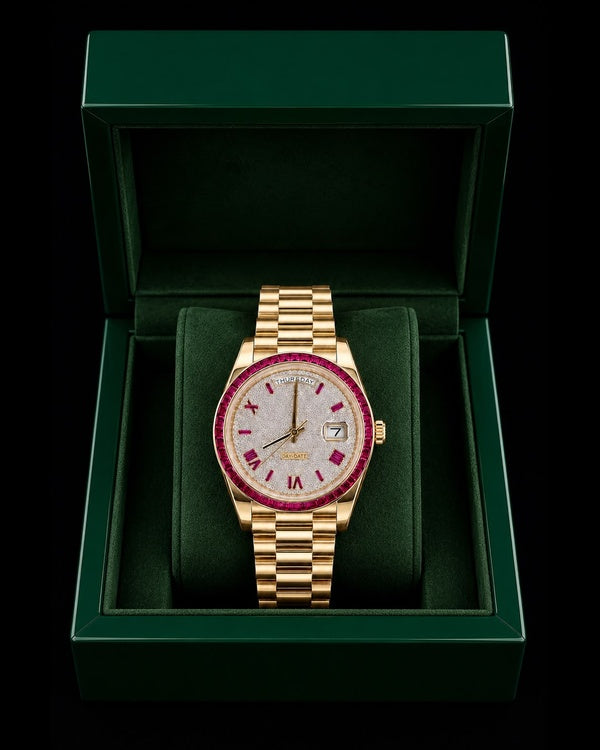 Gold & Ruby Baguette Day-Date Luxury Watch | Diamond-Set Dial