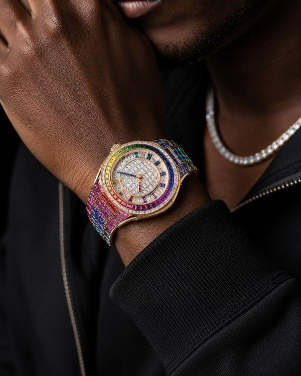 Rainbow Baguette Iced-Out Luxury Watch | Rose Gold-Tone Edition