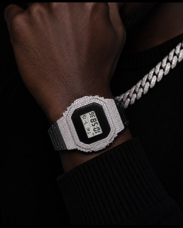Black & Silver VVS Moissanite Iced-Out Digital Watch
