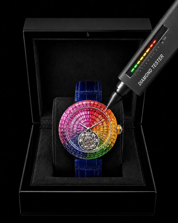 Rainbow Baguette Tourbillon-Style Luxury Watch | Blue Leather Strap