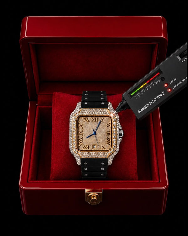 Two-Tone VVS Moissanite Iced-Out Square Watch | Black Rubber Strap