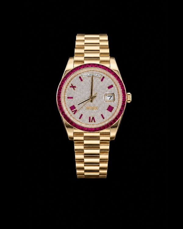 Gold & Ruby Baguette Day-Date Luxury Watch | Diamond-Set Dial