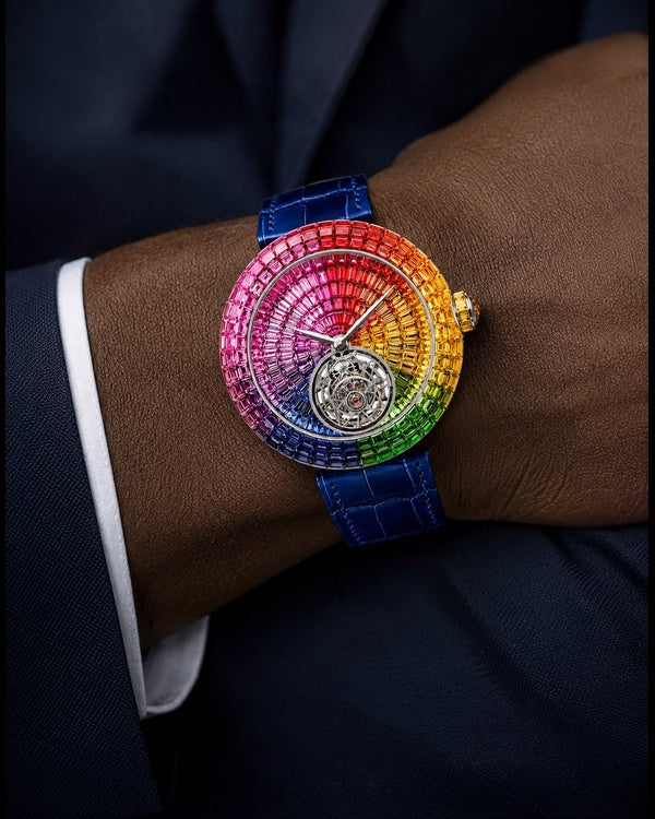 Rainbow Baguette Tourbillon-Style Luxury Watch | Blue Leather Strap
