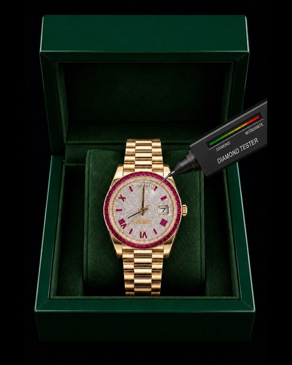 Gold & Ruby Baguette Day-Date Luxury Watch | Diamond-Set Dial