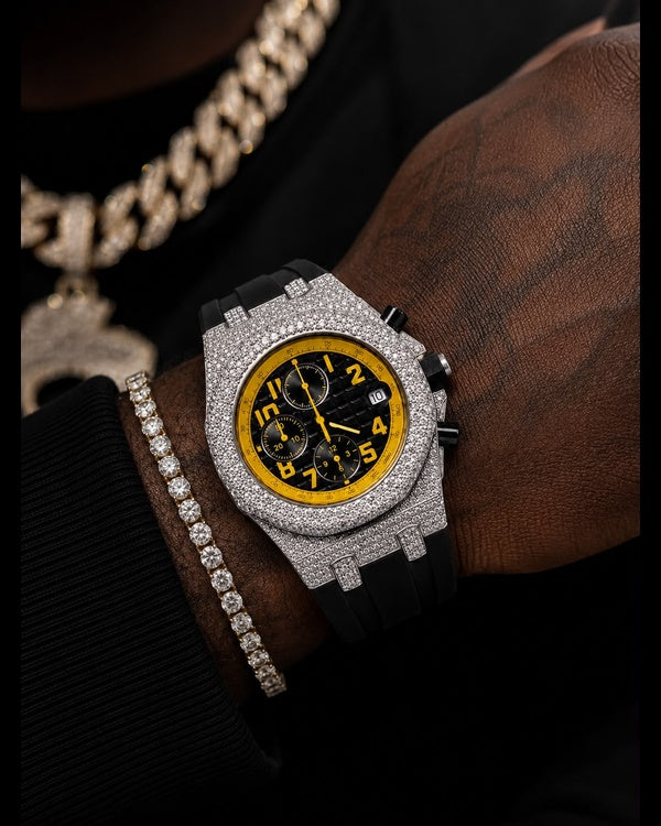 Yellow & Black VVS Moissanite Iced-Out Chronograph Watch | Rubber Strap