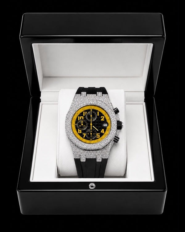 Yellow & Black VVS Moissanite Iced-Out Chronograph Watch | Rubber Strap
