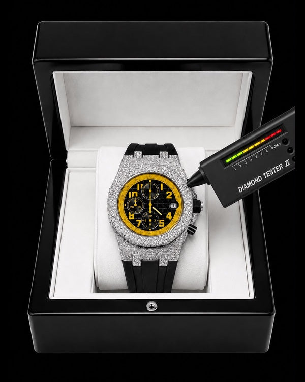 Yellow & Black VVS Moissanite Iced-Out Chronograph Watch | Rubber Strap