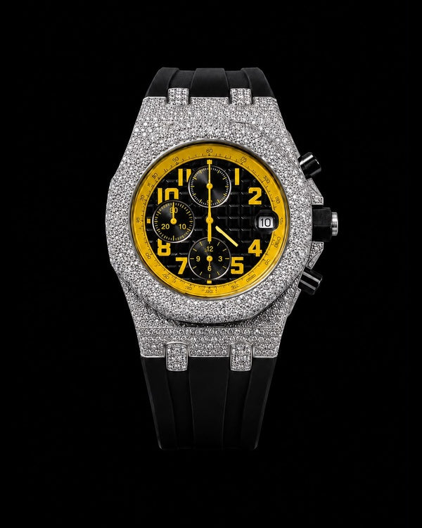 Yellow & Black VVS Moissanite Iced-Out Chronograph Watch | Rubber Strap