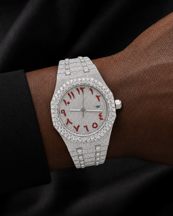 Silver VVS Moissanite Full Iced-Out Watch | Red Arabic Dial