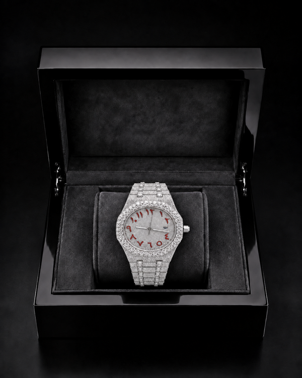 Silver VVS Moissanite Full Iced-Out Watch | Red Arabic Dial