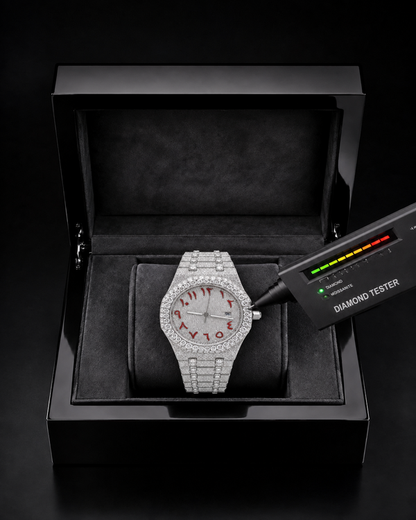 Silver VVS Moissanite Full Iced-Out Watch | Red Arabic Dial