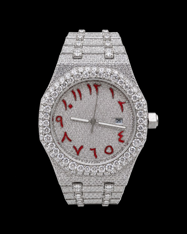 Silver VVS Moissanite Full Iced-Out Watch | Red Arabic Dial