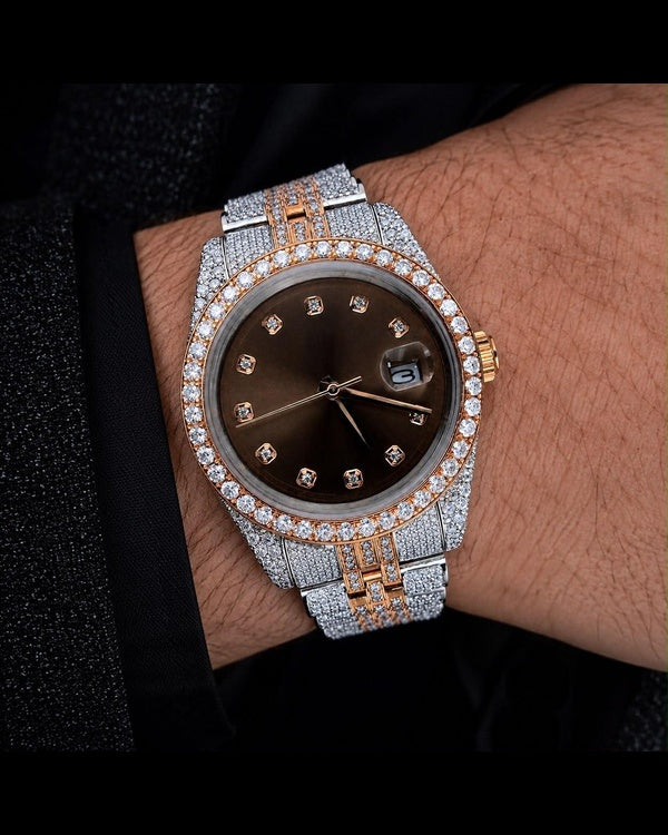 Men’s Luxury Two-Tone Iced-Out Brown Dial Watch with Date Display