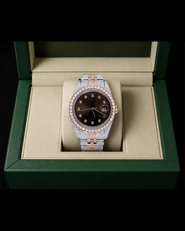 Men’s Luxury Two-Tone Iced-Out Brown Dial Watch with Date Display