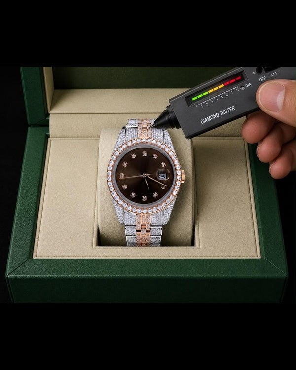Men’s Luxury Two-Tone Iced-Out Brown Dial Watch with Date Display