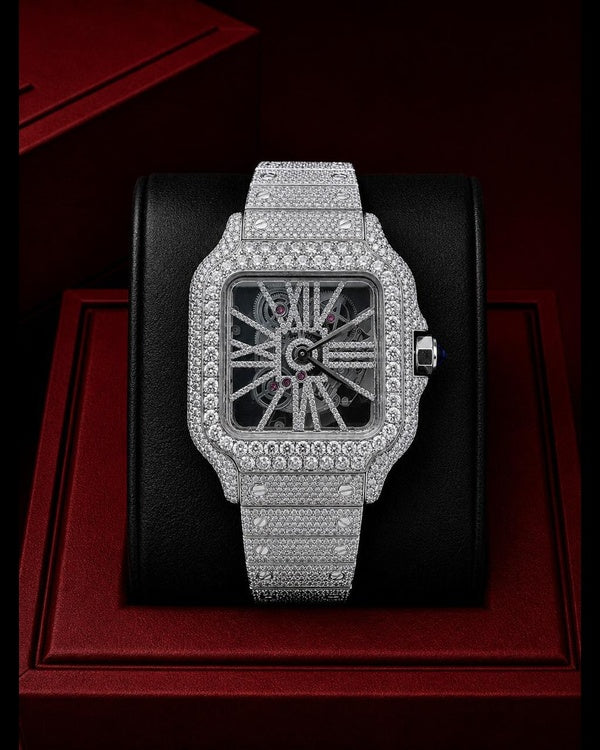 Men’s Fully Iced-Out Skeleton Square Watch – VVS Moissanite