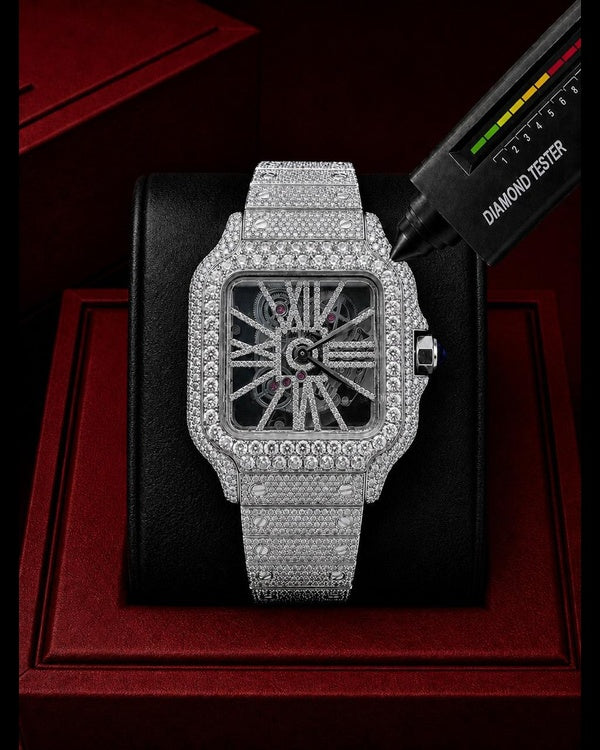 Men’s Fully Iced-Out Skeleton Square Watch – VVS Moissanite