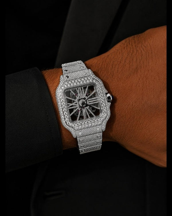 Men’s Fully Iced-Out Skeleton Square Watch – VVS Moissanite
