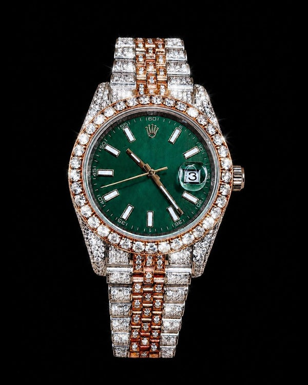 Men’s Two-Tone Iced-Out Green Dial Watch with Date Display