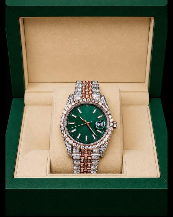 Men’s Two-Tone Iced-Out Green Dial Watch with Date Display