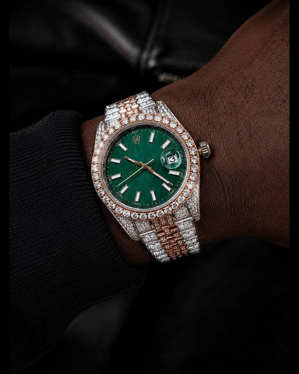Men’s Two-Tone Iced-Out Green Dial Watch with Date Display