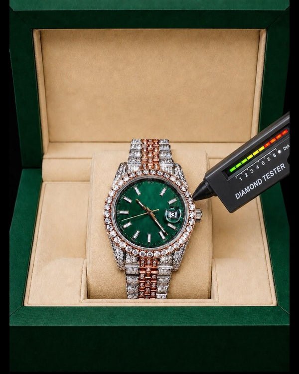 Men’s Two-Tone Iced-Out Green Dial Watch with Date Display