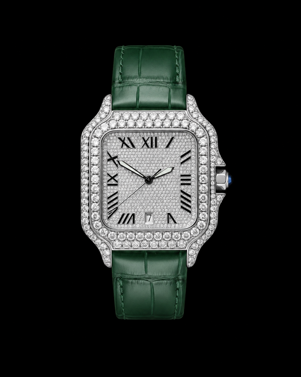 Green Strap VVS Moissanite Iced-Out Square Watch | Silver Luxury Edition