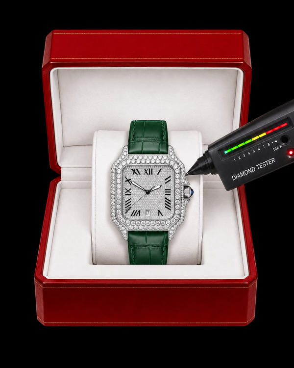 Green Strap VVS Moissanite Iced-Out Square Watch | Silver Luxury Edition