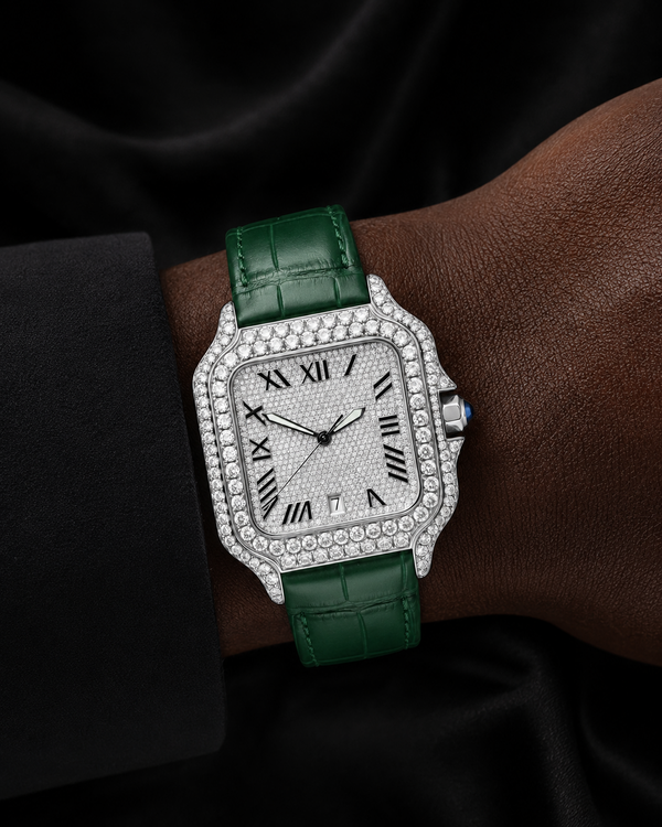 Green Strap VVS Moissanite Iced-Out Square Watch | Silver Luxury Edition