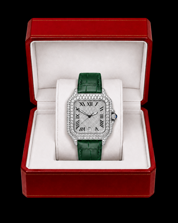 Green Strap VVS Moissanite Iced-Out Square Watch | Silver Luxury Edition