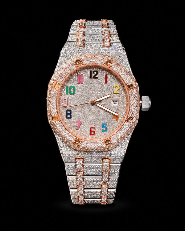 Two-Tone Rainbow VVS Moissanite Iced-Out Watch | Rose Gold & Silver Edition
