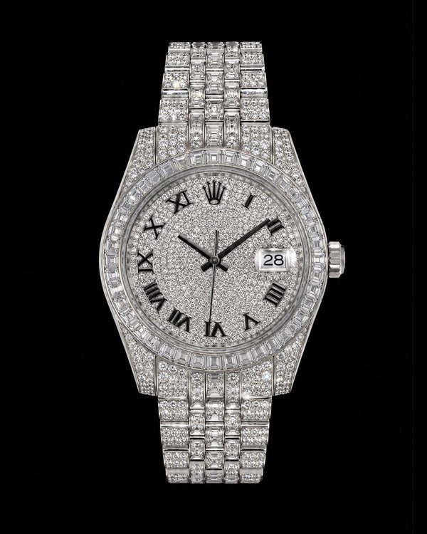 Men’s 41MM Fully Iced-Out Baguette Bezel Watch with Roman Numeral Dial
