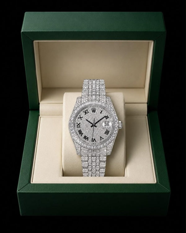 Men’s 41MM Fully Iced-Out Baguette Bezel Watch with Roman Numeral Dial