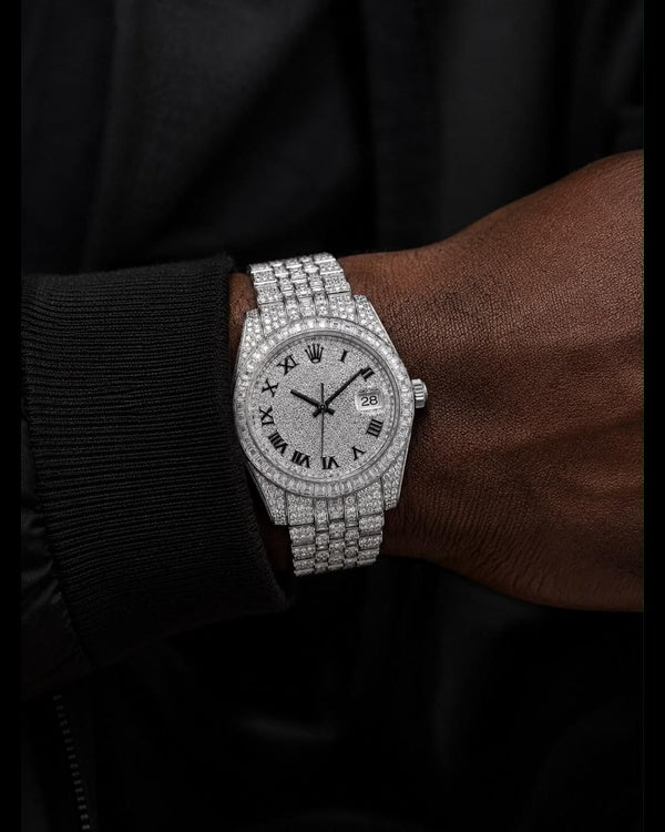Men’s 41MM Fully Iced-Out Baguette Bezel Watch with Roman Numeral Dial