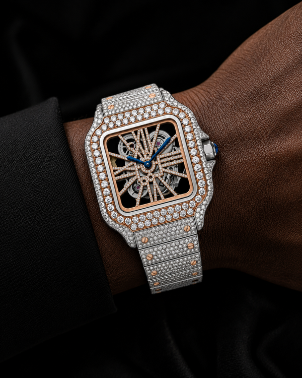 Two-Tone VVS Moissanite Iced-Out Skeleton Watch | Rose Gold & Silver Edition