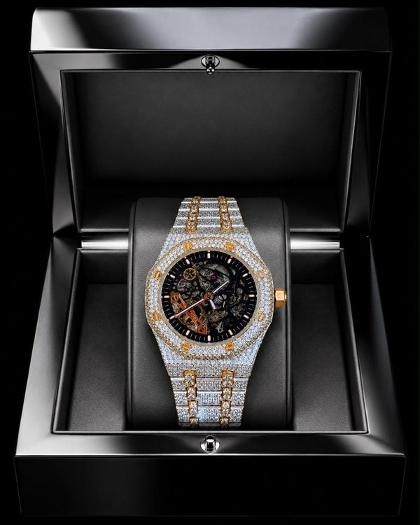 Men’s Fully Iced-Out Skeleton Timepiece – Dual-Tone Finish