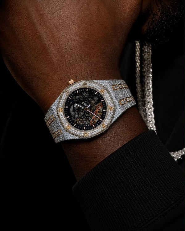 Men’s Fully Iced-Out Skeleton Timepiece – Dual-Tone Finish