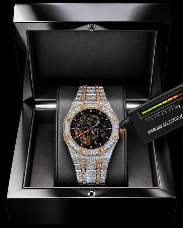 Men’s Fully Iced-Out Skeleton Timepiece – Dual-Tone Finish